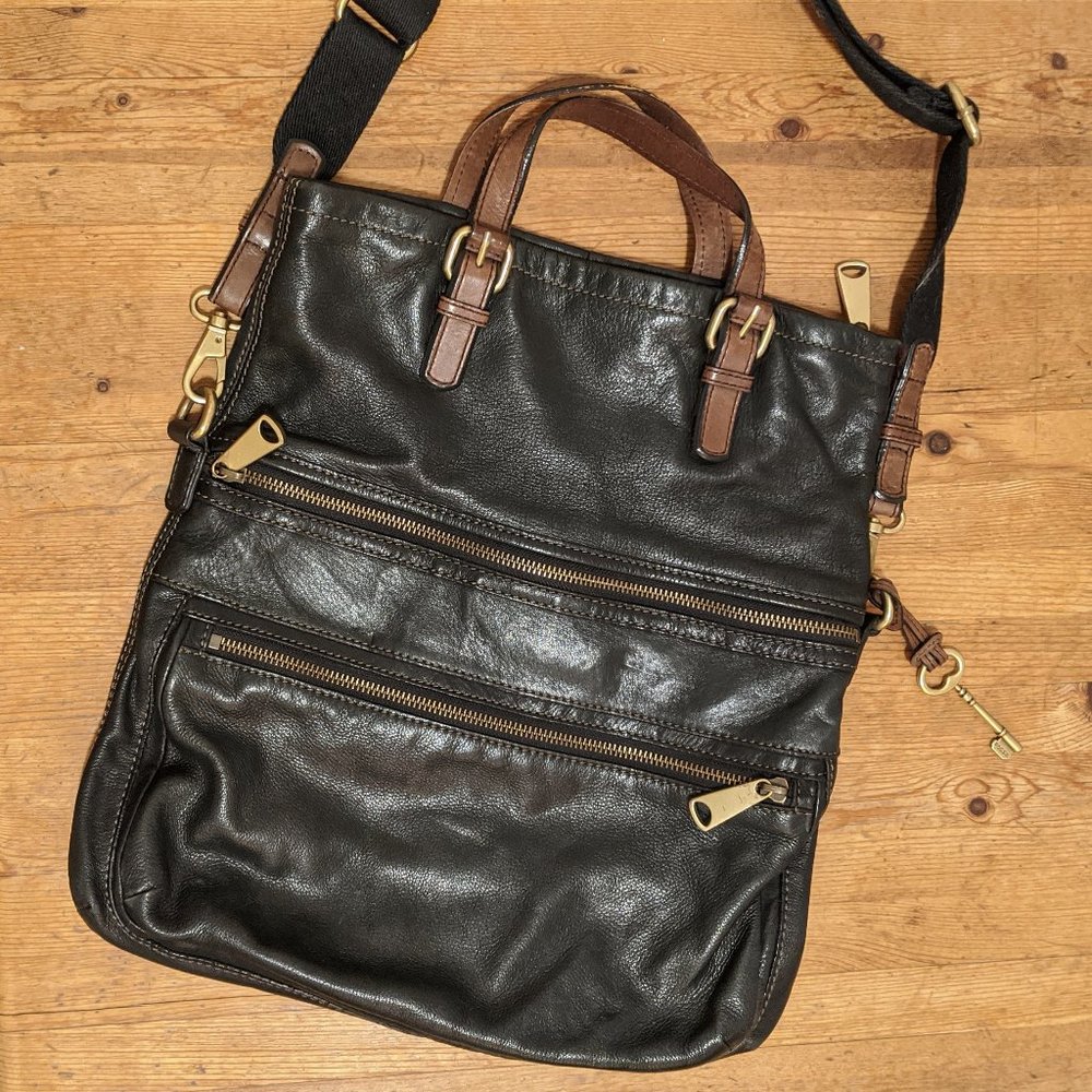 Fossil Leather Fold Over Cross Body Bag, black